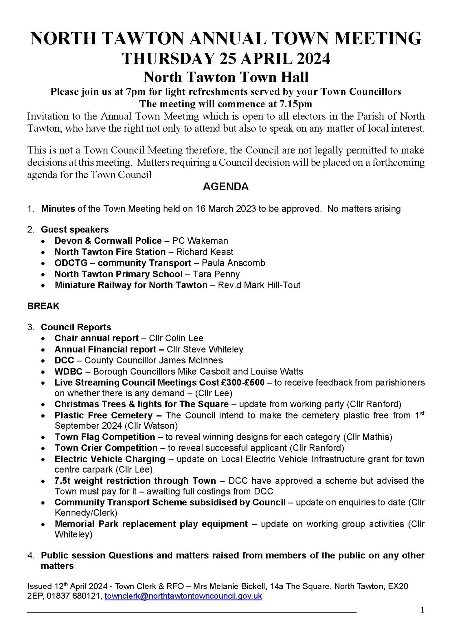 Annual Town Meeting 25th April 7pm Town Hall - North Tawton Town Council